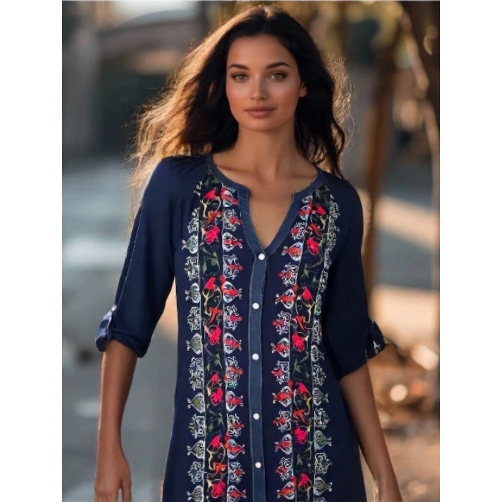 Anthropologie x Tiny Floral Embroidered Tunic Dress Womens XS‎ Navy Boho